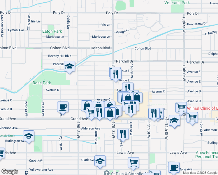 map of restaurants, bars, coffee shops, grocery stores, and more near 1707 Avenue D in Billings