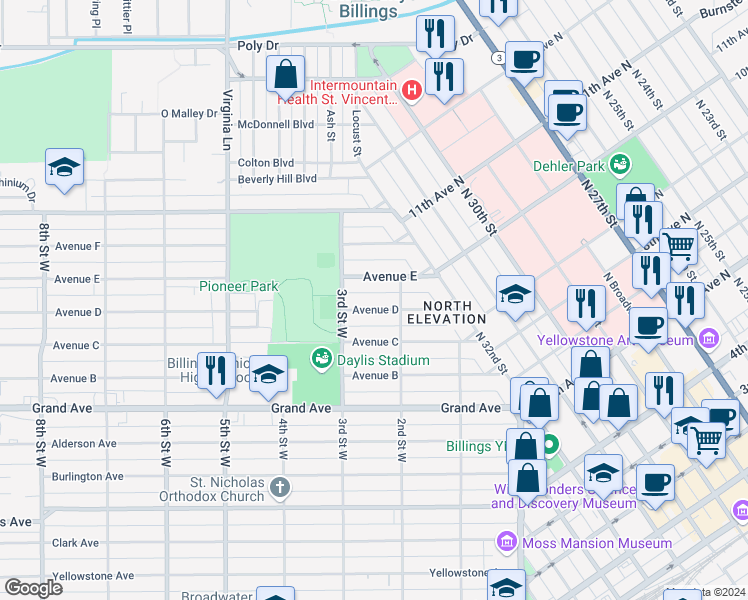 map of restaurants, bars, coffee shops, grocery stores, and more near 221 Avenue D in Billings