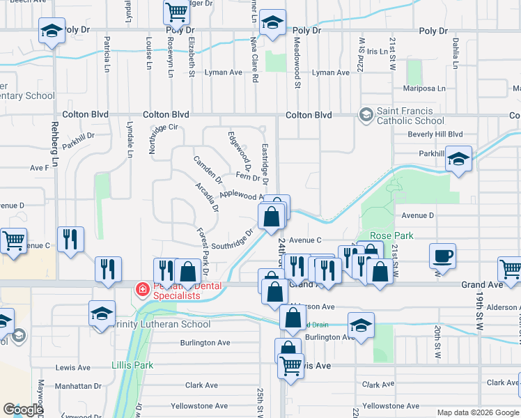 map of restaurants, bars, coffee shops, grocery stores, and more near 2412 Applewood Ave in Billings