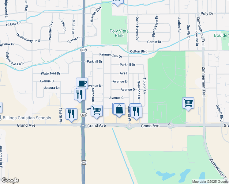 map of restaurants, bars, coffee shops, grocery stores, and more near 3860 Avenue D in Billings