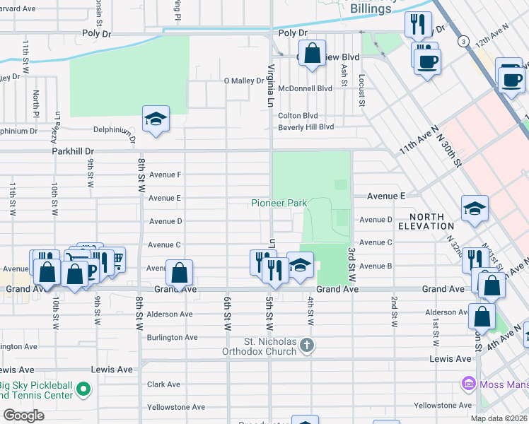 map of restaurants, bars, coffee shops, grocery stores, and more near 1706 Virginia Lane in Billings
