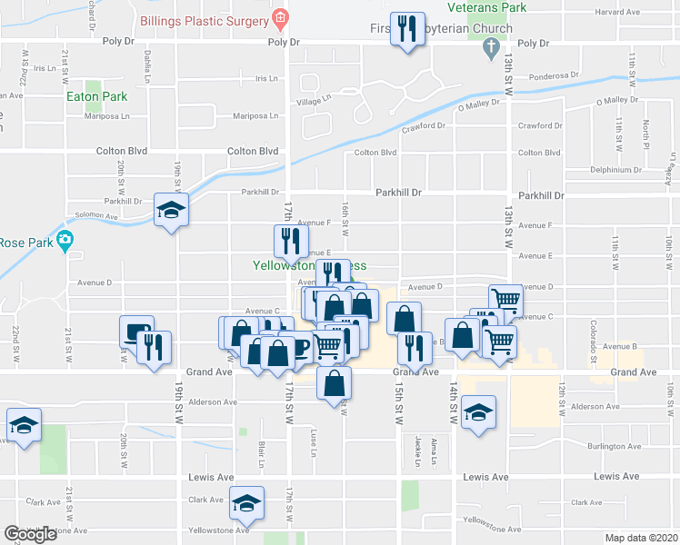 map of restaurants, bars, coffee shops, grocery stores, and more near 1597 Avenue D in Billings