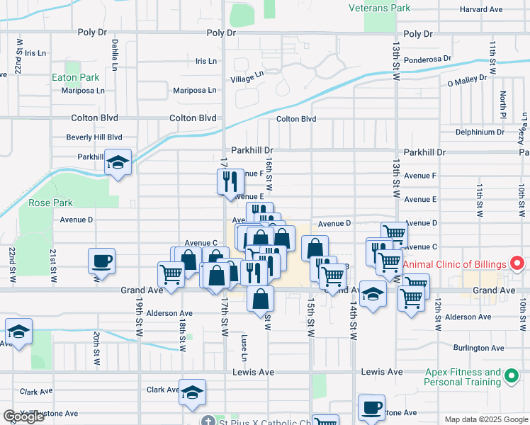 map of restaurants, bars, coffee shops, grocery stores, and more near 1597 Avenue D in Billings