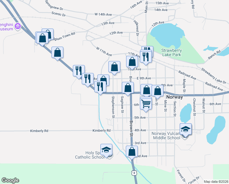map of restaurants, bars, coffee shops, grocery stores, and more near 706 Stephenson Street in Norway
