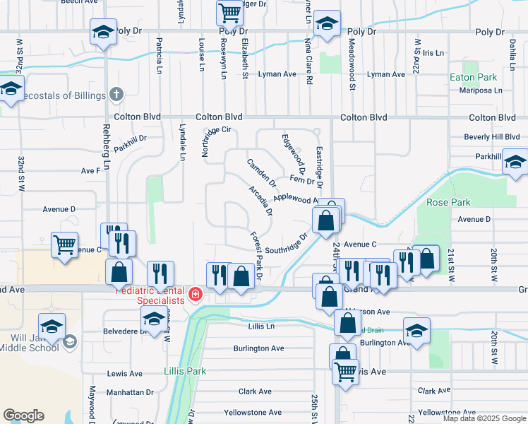 map of restaurants, bars, coffee shops, grocery stores, and more near 1734 Arcadia Dr in Billings