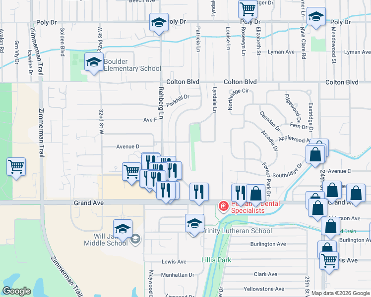 map of restaurants, bars, coffee shops, grocery stores, and more near 1710 Westwood Drive in Billings