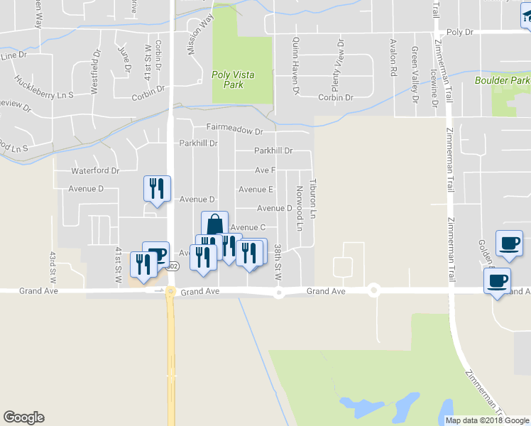 map of restaurants, bars, coffee shops, grocery stores, and more near 3824 Avenue D in Billings