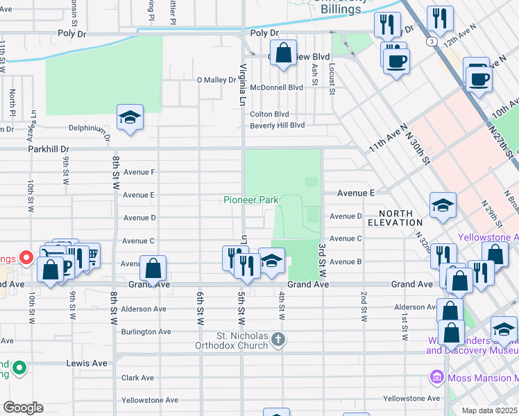 map of restaurants, bars, coffee shops, grocery stores, and more near 421 Lordwith Drive in Billings