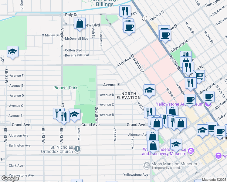 map of restaurants, bars, coffee shops, grocery stores, and more near 1712 2nd Street West in Billings