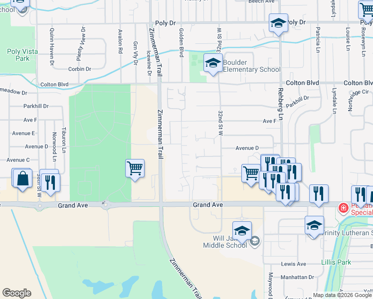 map of restaurants, bars, coffee shops, grocery stores, and more near 1781 Golden Boulevard in Billings