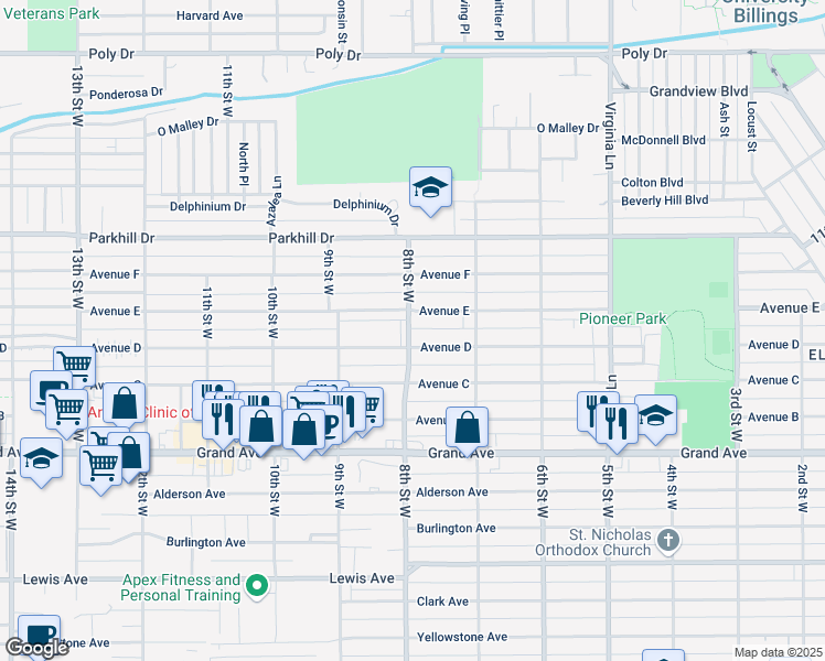 map of restaurants, bars, coffee shops, grocery stores, and more near 1707 8th Street West in Billings