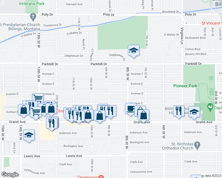 map of restaurants, bars, coffee shops, grocery stores, and more near 1712 9th Street West in Billings