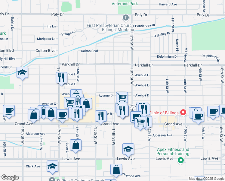 map of restaurants, bars, coffee shops, grocery stores, and more near 1417 Avenue D in Billings
