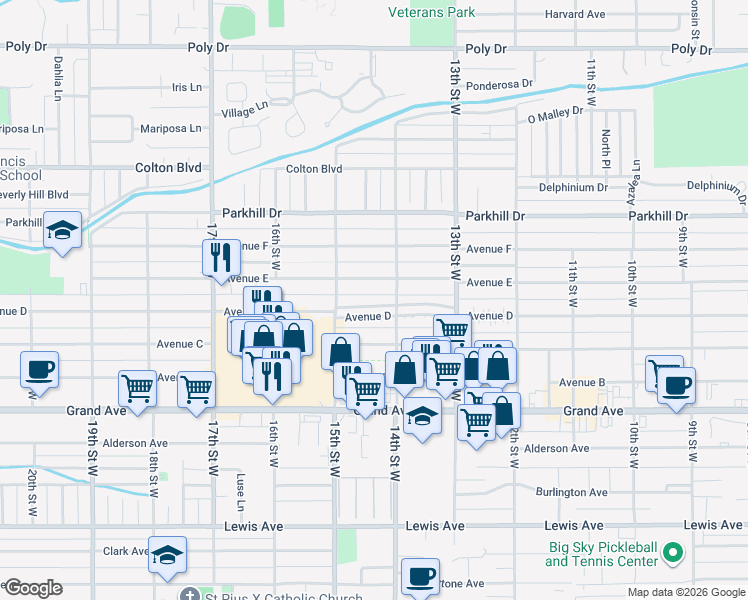 map of restaurants, bars, coffee shops, grocery stores, and more near 1417 Avenue D in Billings