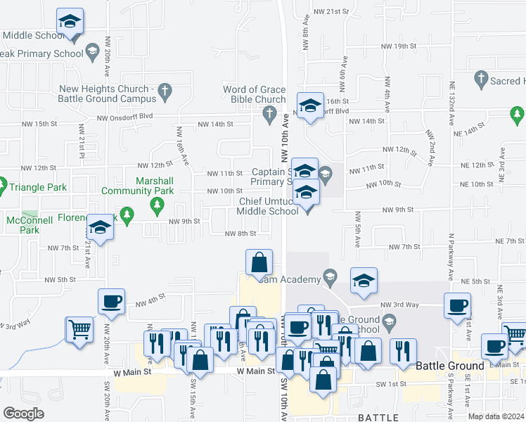 map of restaurants, bars, coffee shops, grocery stores, and more near 1105 Northwest 9th Way in Battle Ground