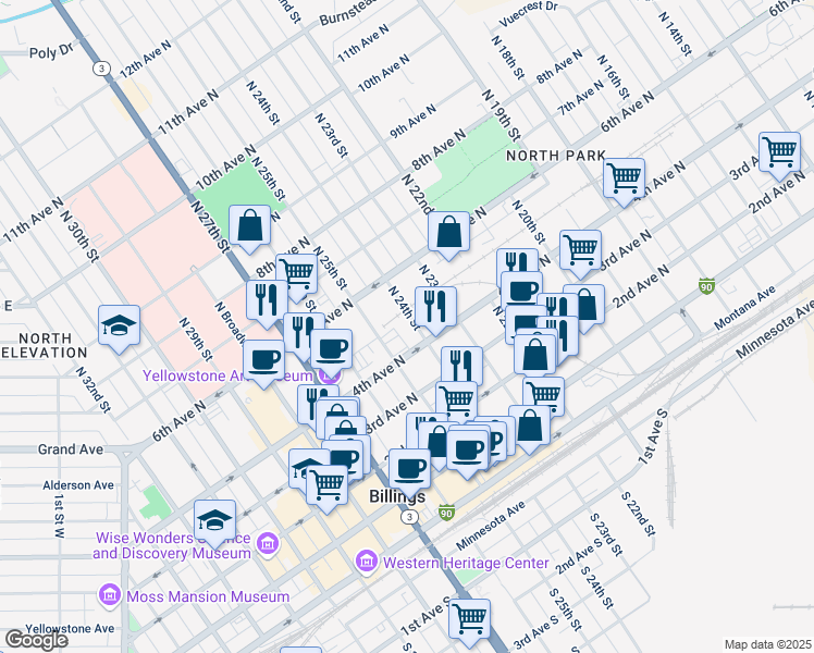 map of restaurants, bars, coffee shops, grocery stores, and more near 420 North 24th Street in Billings