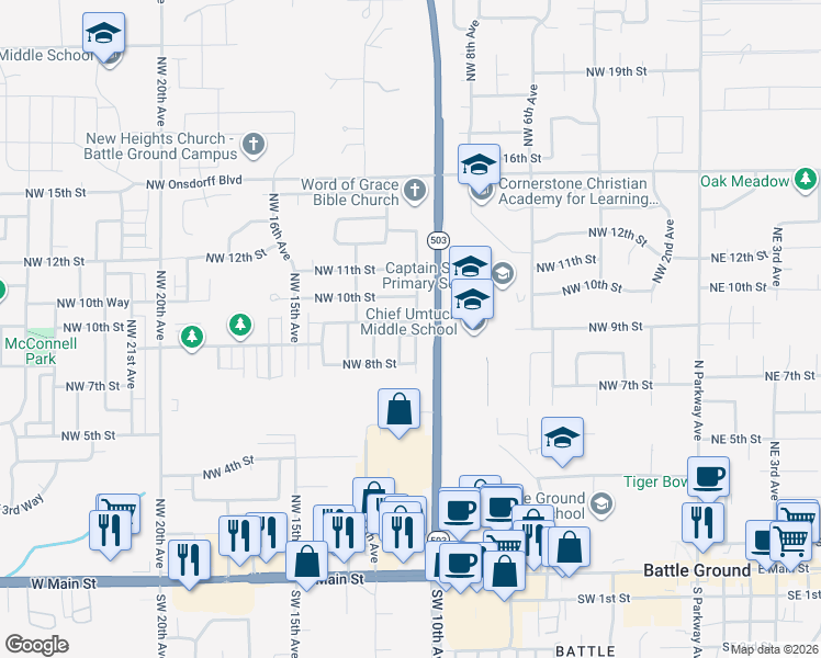 map of restaurants, bars, coffee shops, grocery stores, and more near 1101 Northwest 9th Way in Battle Ground