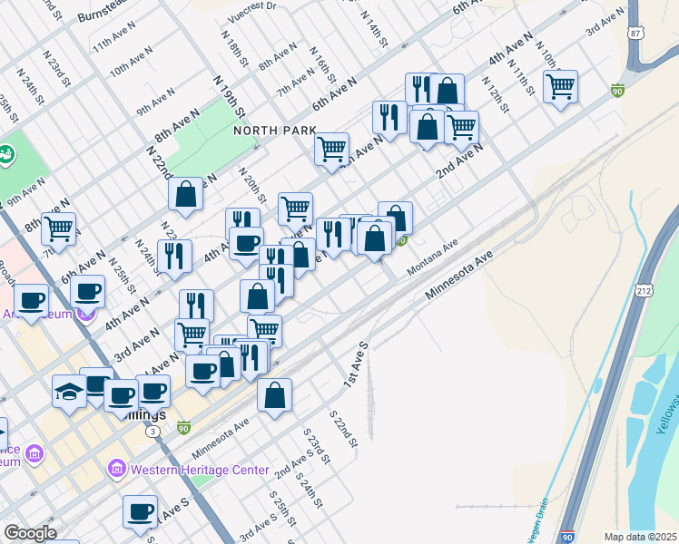 map of restaurants, bars, coffee shops, grocery stores, and more near 1901 1st Avenue North in Billings
