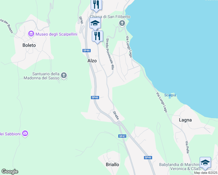 map of restaurants, bars, coffee shops, grocery stores, and more near 123 Via Pietro Durio in Alzo