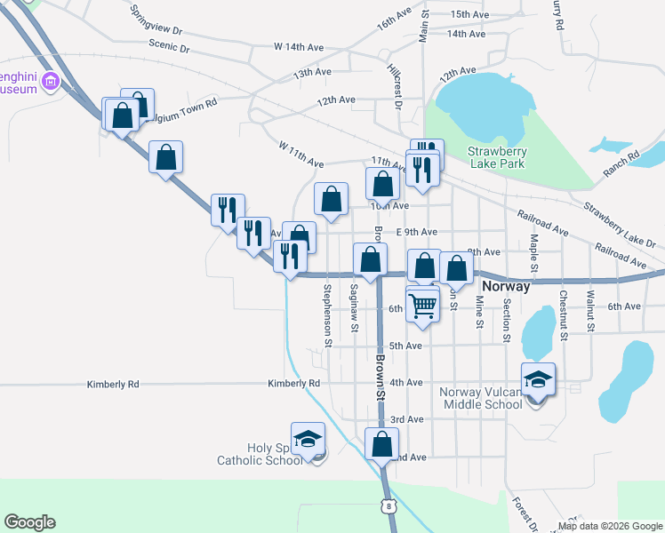 map of restaurants, bars, coffee shops, grocery stores, and more near 706 Stephenson St in Norway