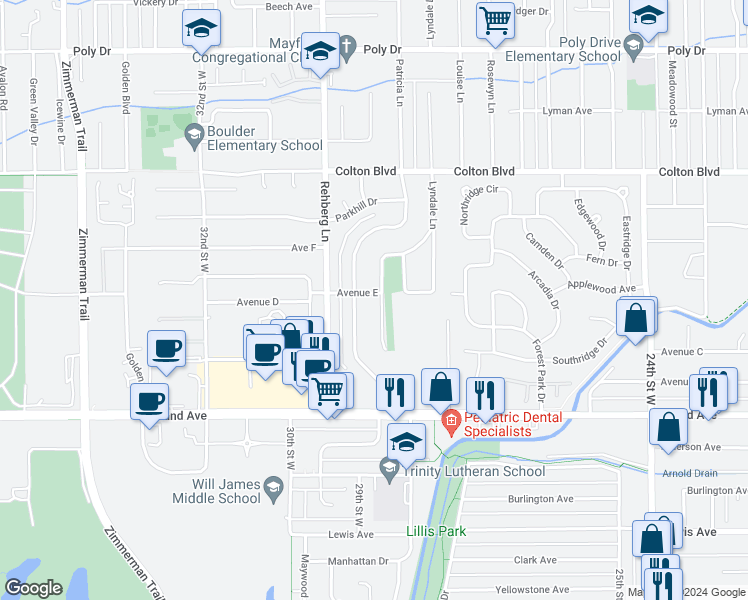 map of restaurants, bars, coffee shops, grocery stores, and more near 1716 Westwood Drive in Billings