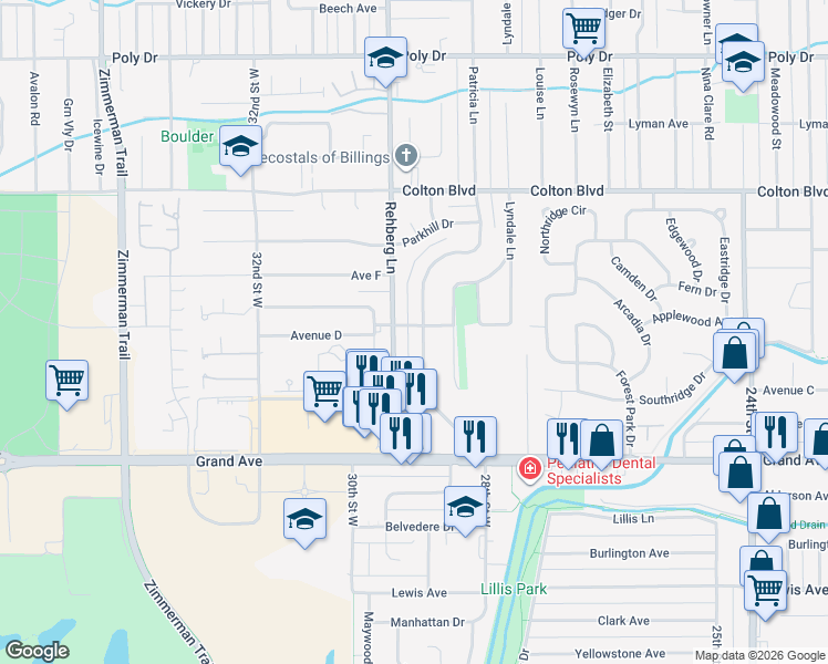 map of restaurants, bars, coffee shops, grocery stores, and more near 1724 Patricia Lane in Billings
