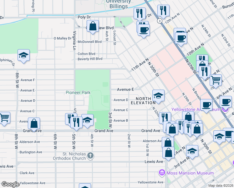 map of restaurants, bars, coffee shops, grocery stores, and more near 232 Avenue E in Billings