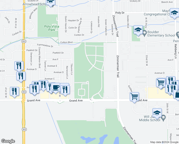 map of restaurants, bars, coffee shops, grocery stores, and more near 3605 Grand Avenue in Billings