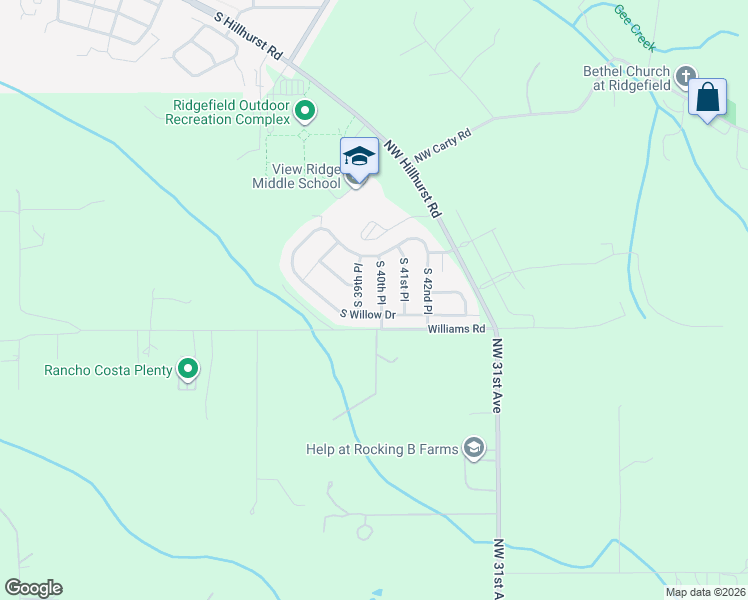 map of restaurants, bars, coffee shops, grocery stores, and more near 3808 South 40th Place in Ridgefield