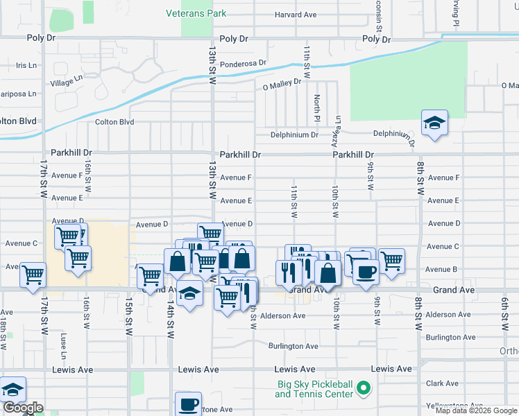 map of restaurants, bars, coffee shops, grocery stores, and more near 1146 Avenue E in Billings