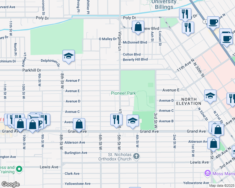 map of restaurants, bars, coffee shops, grocery stores, and more near 1714 Virginia Lane in Billings