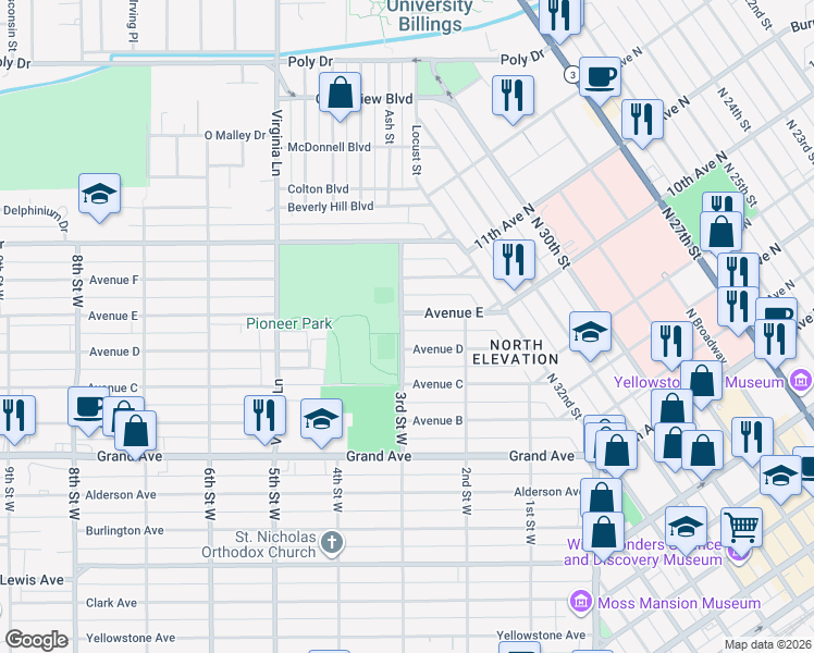 map of restaurants, bars, coffee shops, grocery stores, and more near 1715 3rd Street West in Billings