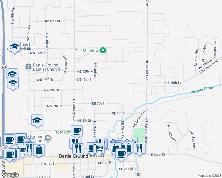 map of restaurants, bars, coffee shops, grocery stores, and more near 702 NE 8th Way in Battle Ground