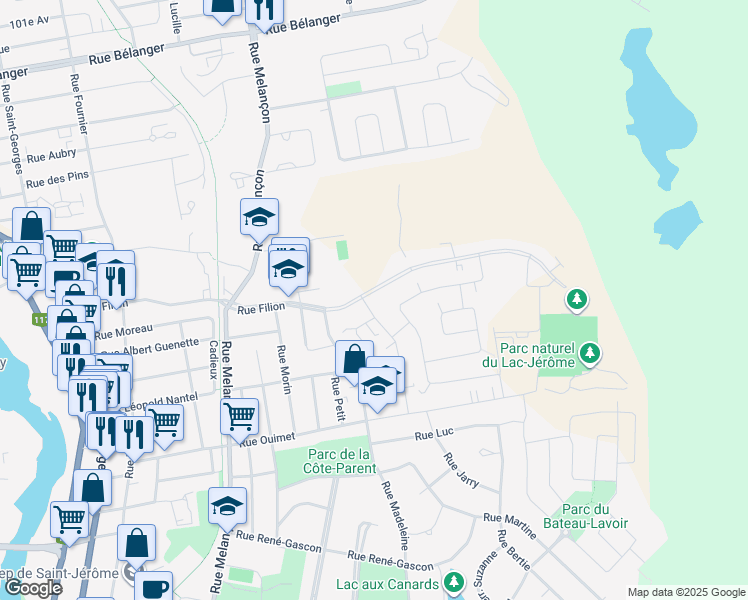 map of restaurants, bars, coffee shops, grocery stores, and more near 600 Rue Filion in Saint-Jérôme
