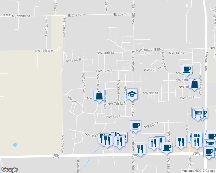 map of restaurants, bars, coffee shops, grocery stores, and more near 2312 Northwest 10th Street in Battle Ground