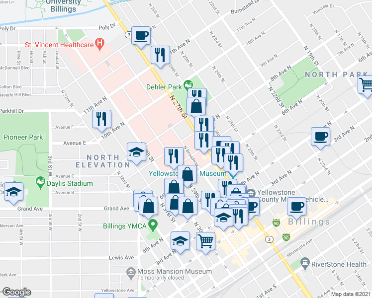 map of restaurants, bars, coffee shops, grocery stores, and more near 700 North Broadway in Billings