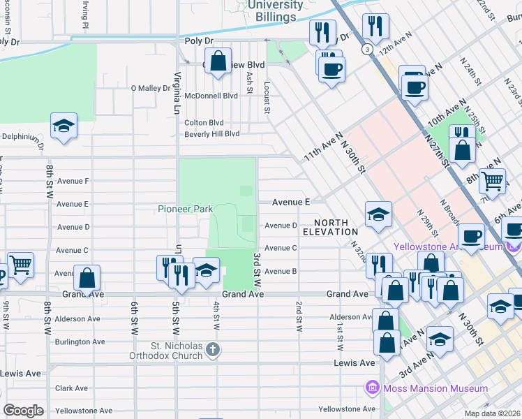 map of restaurants, bars, coffee shops, grocery stores, and more near 1715 3rd Street West in Billings