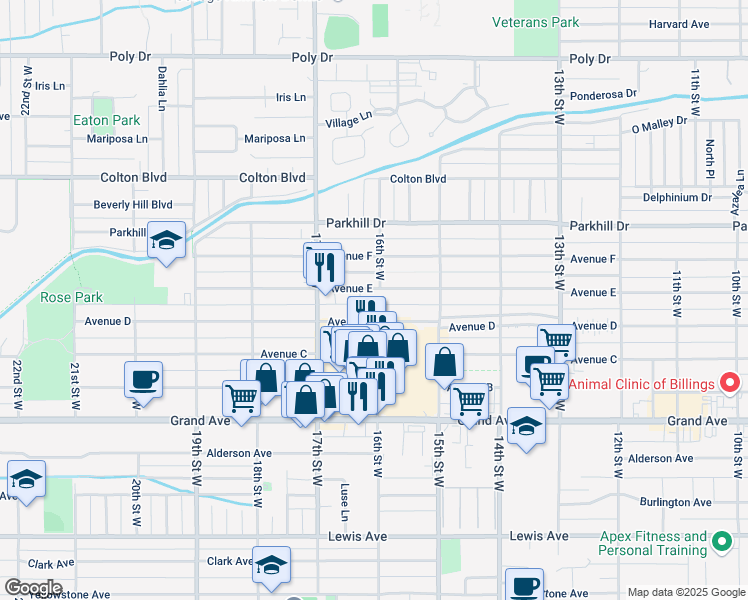 map of restaurants, bars, coffee shops, grocery stores, and more near 1597 Avenue D in Billings