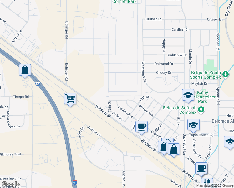 map of restaurants, bars, coffee shops, grocery stores, and more near 1113 West Park Avenue in Belgrade