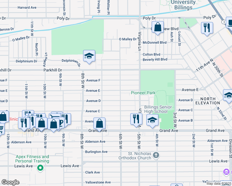 map of restaurants, bars, coffee shops, grocery stores, and more near 608 Avenue E in Billings