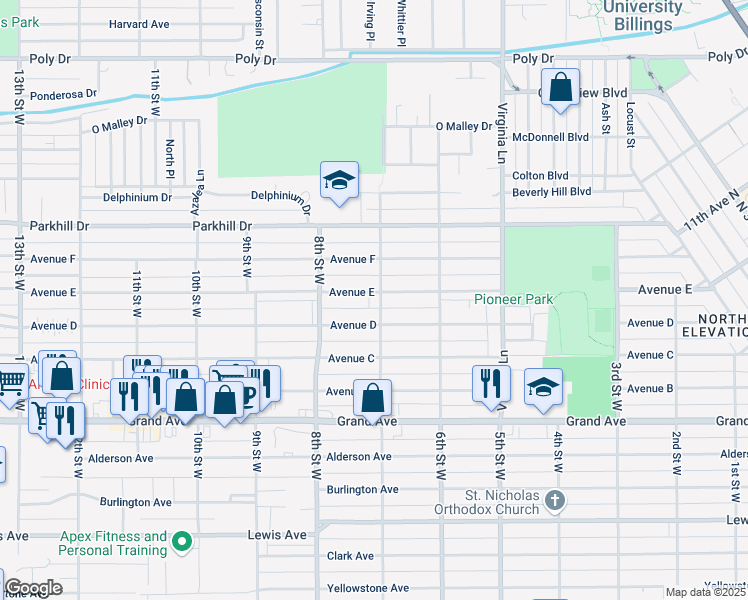 map of restaurants, bars, coffee shops, grocery stores, and more near 713 Avenue D in Billings