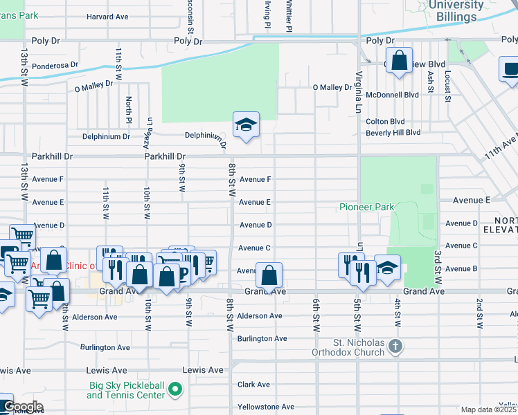 map of restaurants, bars, coffee shops, grocery stores, and more near 713 Avenue D in Billings