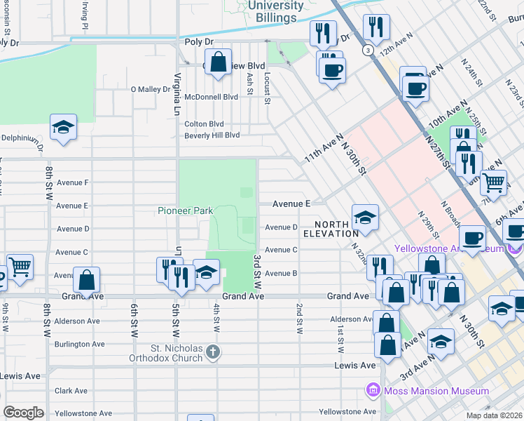 map of restaurants, bars, coffee shops, grocery stores, and more near 232 Avenue E in Billings