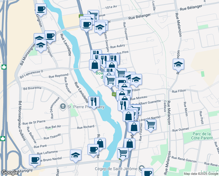 map of restaurants, bars, coffee shops, grocery stores, and more near 778 B Rue Labelle in Saint-Jérôme