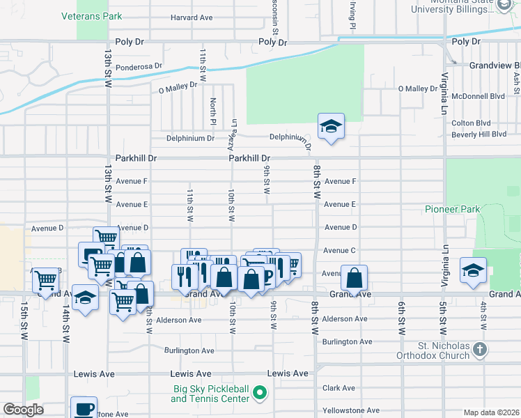map of restaurants, bars, coffee shops, grocery stores, and more near 912 Avenue E in Billings