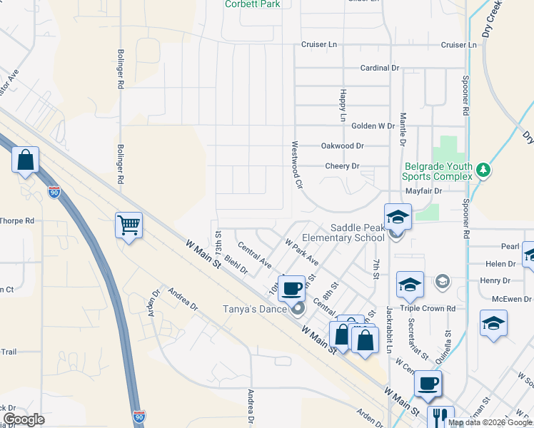 map of restaurants, bars, coffee shops, grocery stores, and more near 1105 West Park Avenue in Belgrade