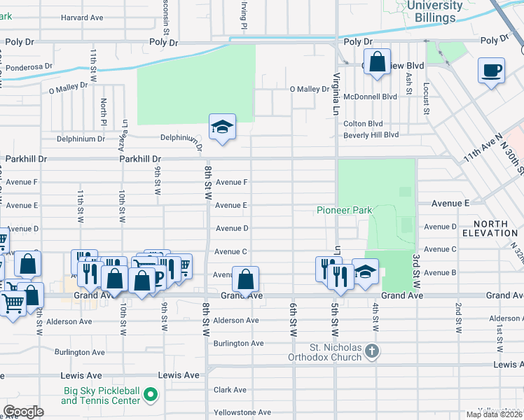 map of restaurants, bars, coffee shops, grocery stores, and more near 636 Avenue E in Billings