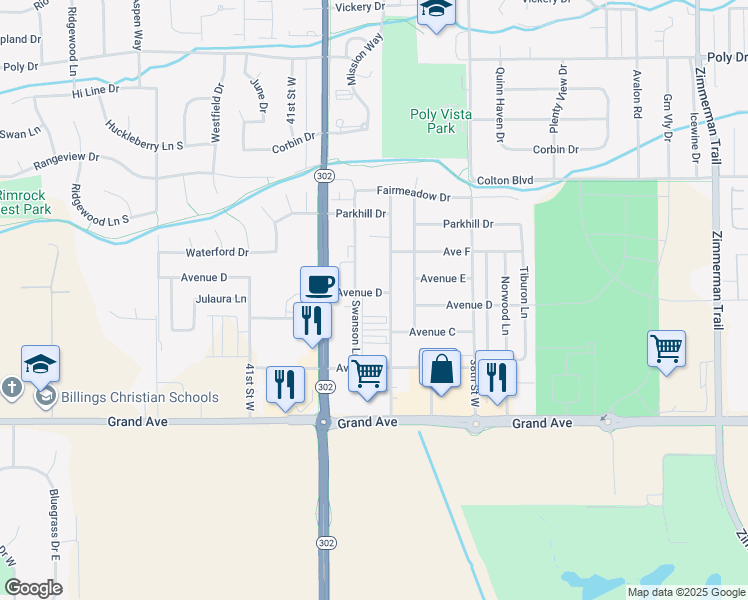 map of restaurants, bars, coffee shops, grocery stores, and more near 1660 Country Manor Boulevard in Billings