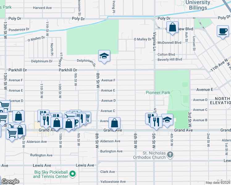 map of restaurants, bars, coffee shops, grocery stores, and more near 713 Avenue D in Billings