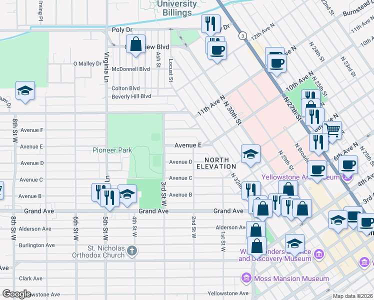 map of restaurants, bars, coffee shops, grocery stores, and more near 1712 2nd Street West in Billings